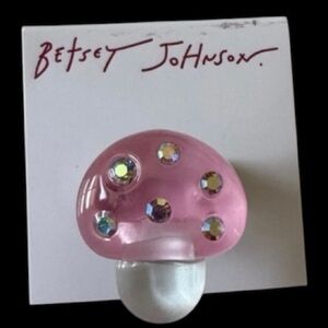 BETSEY JOHNSON Crystal-Studded Boho Acrylic Magic Mushroom Stretch Ring NEW NWT